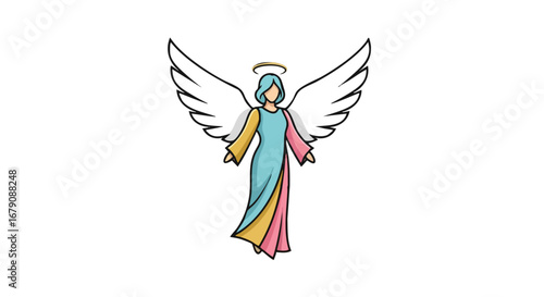 Colorful Angelic Guardian with Wings and Halo, Digital Illustration on White Background