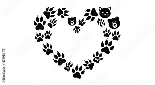 Heartfelt Affection: Animal Prints and Icons Arranged in a Heart Shape Vector Design