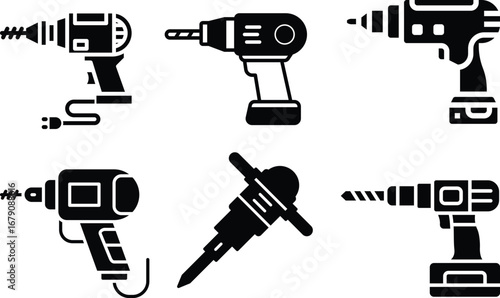 Drill machine icon set.Electric screwdriver glyph icon. Symbol, logo illustration. Vector graphics.hand drill icon design, flat style icon collection.