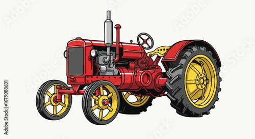 Vintage Red Tractor Illustration: A Nostalgic Depiction of Agricultural Machinery from Yesteryear highlighting its engineering details