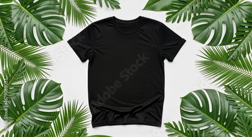 A black t shirt surrounded by vibrant green tropical leaves creating a natural and minimalist composition