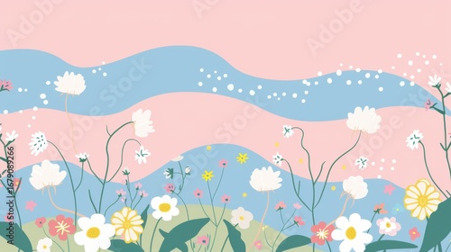 Bright Spring Illustration: Hand-Drawn Sea of Flowers with Yellow, White & Red Blooms for Wallpaper