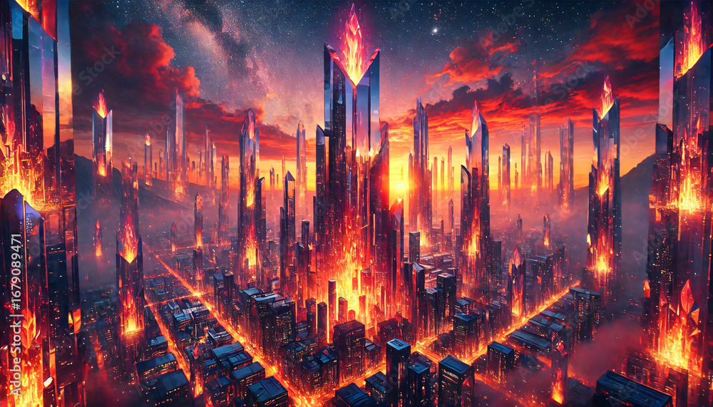 Obraz premium Twilight Flames Reflecting on Crystal Towers – 16:9
