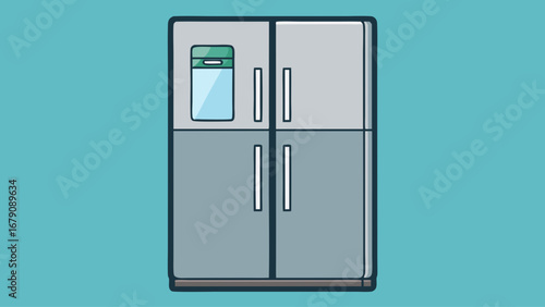 A refrigerator with a water dispenser on the door. The refrigerator is silver and has four doors