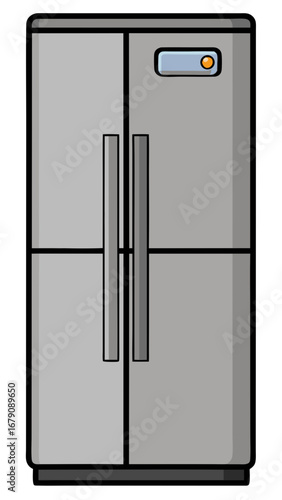 A refrigerator with a water dispenser on the door. The refrigerator is silver and has four doors