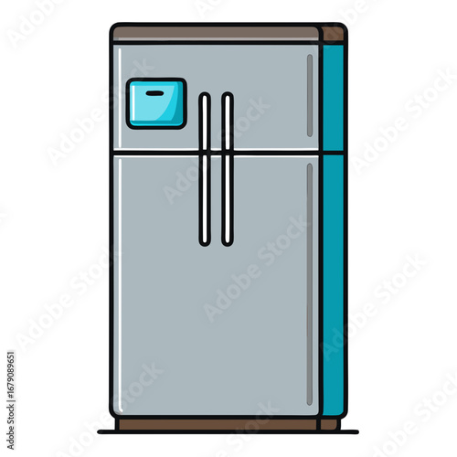 A refrigerator with a water dispenser on the door. The refrigerator is silver and has four doors
