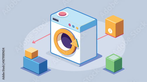 A washing machine is shown with a stack of boxes on top of it. The boxes are of different sizes and colors, and they are arranged in a way that suggests they are being loaded into the washing machine
