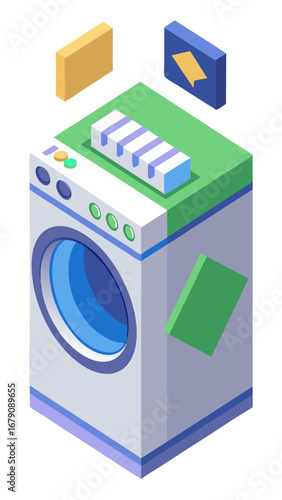 A washing machine is shown with a stack of boxes on top of it. The boxes are of different sizes and colors, and they are arranged in a way that suggests they are being loaded into the washing machine