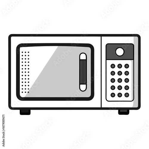 A white microwave oven with a black handle. The microwave has a digital display and buttons. The microwave is placed on a white background