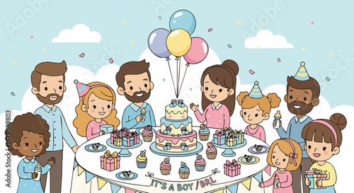 Whimsical baby shower illustration depicting a diverse group celebrating the upcoming arrival of a baby boy in a heartwarming and joyful atmosphere