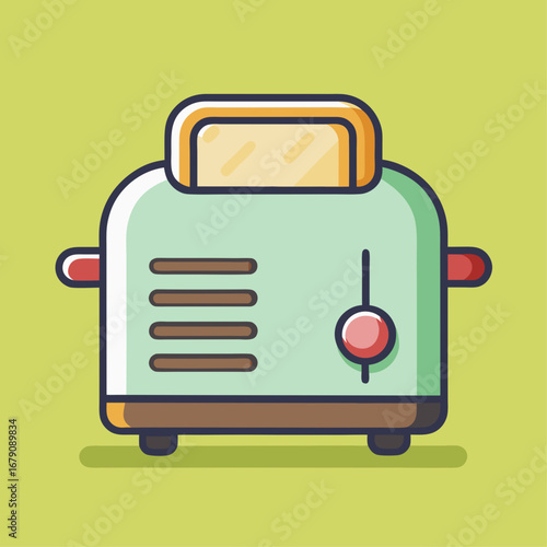 A yellow toaster with a red handle sits on a blue background. The toaster is the main focus of the image, and it is a simple, everyday object. The blue background adds a sense of calmness
