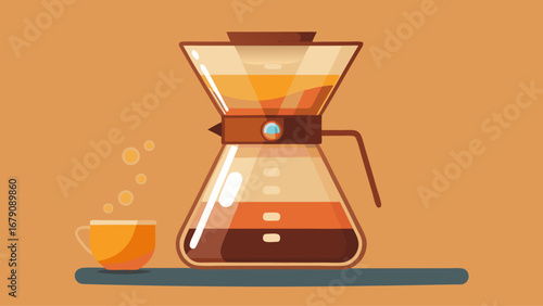 A coffee maker with a cup of coffee next to it. The coffee maker is a glass carafe with a handle