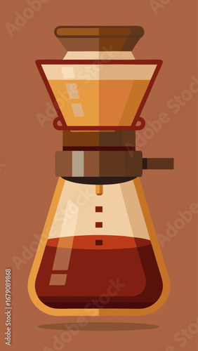 A coffee maker with a cup of coffee next to it. The coffee maker is a glass carafe with a handle