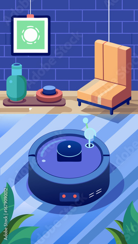 A robot vacuum cleaner is in a living room with a couch and a potted plant. The room is clean and tidy, and the robot is ready to clean