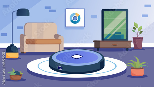 A robot vacuum cleaner is in a living room with a couch and a potted plant. The room is clean and tidy, and the robot is ready to clean