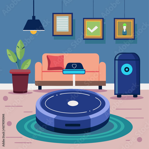 A robot vacuum cleaner is in a living room with a couch and a potted plant. The room is clean and tidy, and the robot is ready to clean