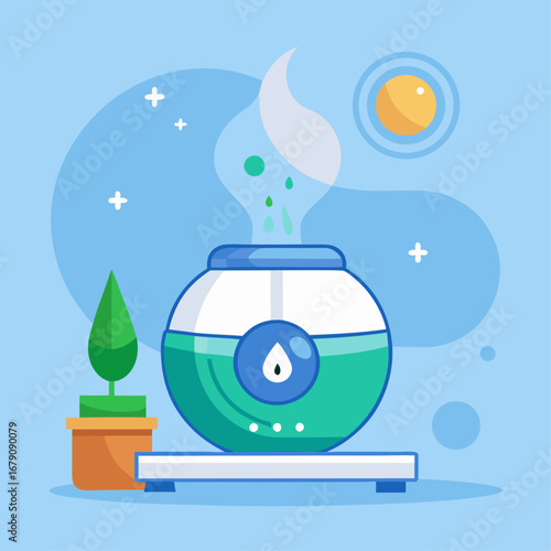 A blue and green container with a plant in it sits on a white surface. The container is emitting steam, and the plant is green and healthy. Concept of relaxation and calmness, as the steam