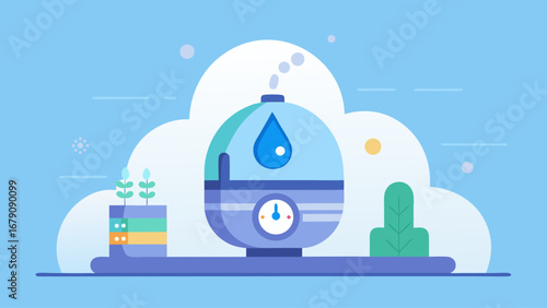 A blue and green container with a plant in it sits on a white surface. The container is emitting steam, and the plant is green and healthy. Concept of relaxation and calmness, as the steam