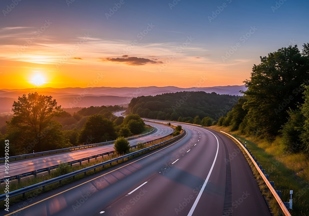 Naklejka premium Winding Highway at Sunrise Over Scenic Hills.