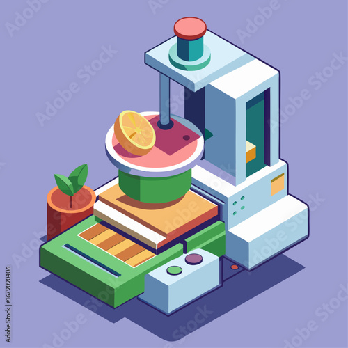 A machine with a green and white color scheme is shown with a clock and a lemon. The machine is designed to make a product, and the clock is on the machine to show the time