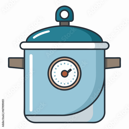 A blue pot with a white lid and a black knob on top. The pot has a clock on it