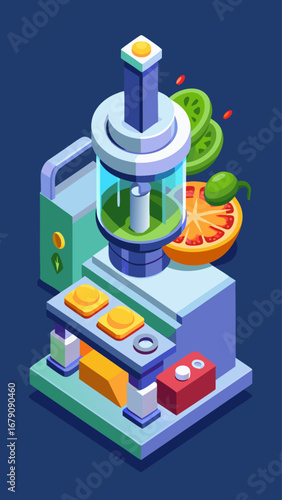 A machine with a green and white color scheme is shown with a clock and a lemon. The machine is designed to make a product, and the clock is on the machine to show the time