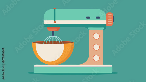 A green and yellow mixer with a bowl on top. The mixer is on a blue background. The bowl is full of batter