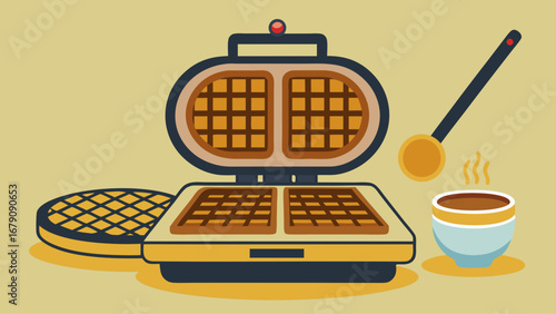 A waffle iron is open and a spoon is in the waffle iron. A bowl of coffee is on the table next to the waffle iron