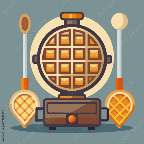 A waffle iron is open and a spoon is in the waffle iron. A bowl of coffee is on the table next to the waffle iron