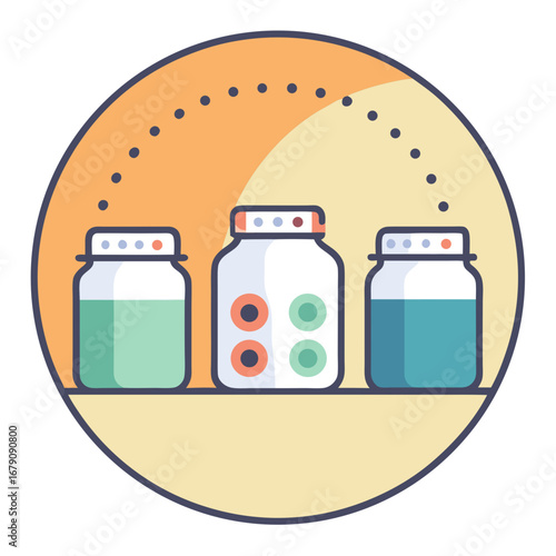 Three jars with different colored lids are shown in a circle. The jars are labeled with different numbers and are arranged in a way that they appear to be connected. Concept of organization and order