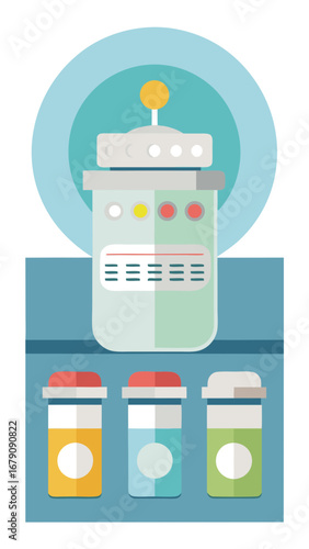 Three jars with different colored lids are shown in a circle. The jars are labeled with different numbers and are arranged in a way that they appear to be connected. Concept of organization and order