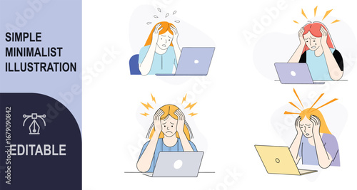 Stressed woman overwhelmed by work pressure anxiety. Mental health burnout. Office overload, deadlines, paperwork, checklist, laptop, time management. Stressful daily life vector illustration