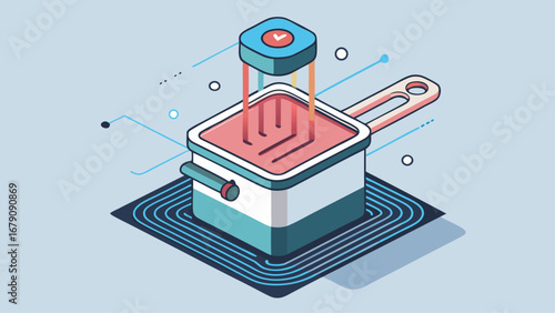 A blue and white pan with a red handle is shown on a white background. The pan is described as a "smart" pan that can be used for cooking
