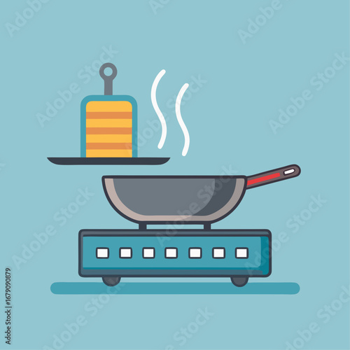 A blue pan is on a stove with steam coming out of it. The pan is on a burner with a red knob