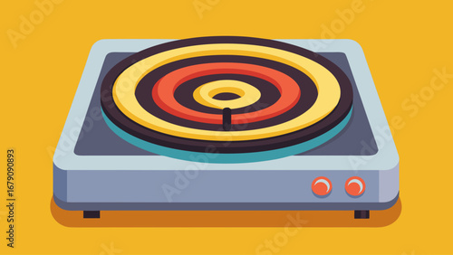A stove top with a yellow and orange burner. The burner is shaped like a circle with a black center