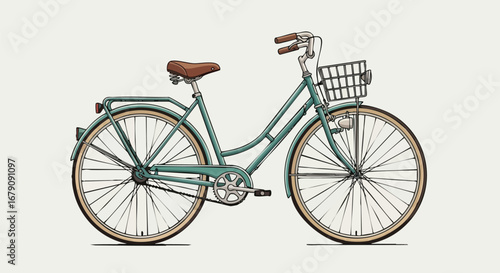 Vintage turquoise bicycle with a front basket illustration conveying freedom and active lifestyle with a retro feel providing a charming and
