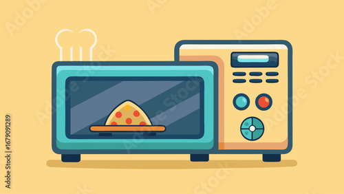 A blue and yellow toaster oven with a pyramid inside. The oven is on a green background