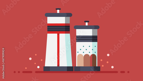 Two spice jars with yellow and red lids. The jars are on a table. The jars are colorful and the table is brown