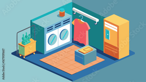 A small room with a washer and dryer, a rack for hanging clothes, and a refrigerator