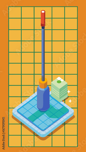A blue and white tile background with a toothbrush, a bottle of mouthwash, and a mop