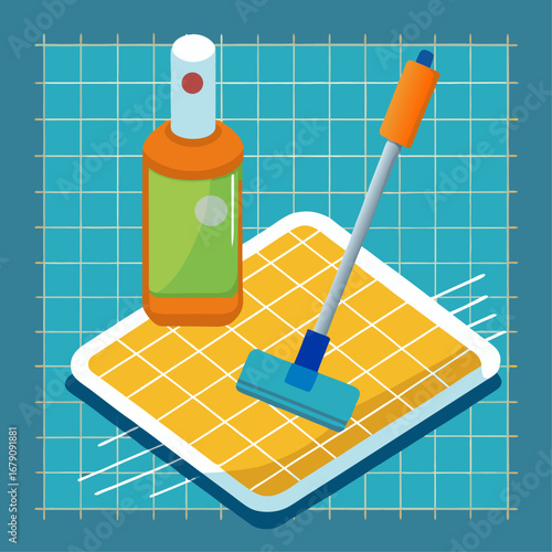 A blue and white tile background with a toothbrush, a bottle of mouthwash, and a mop