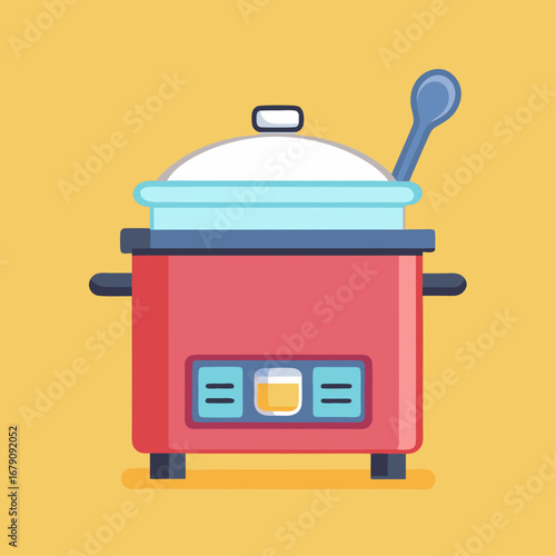 A red crock pot with a lid and a spoon on top. The crock pot is on a yellow background