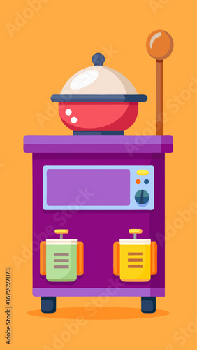 A red crock pot with a lid and a spoon on top. The crock pot is on a yellow background
