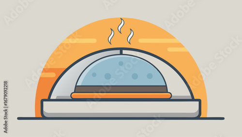 A cartoonish drawing of a hot dog in a dome shaped container. The hot dog is surrounded by steam and the container is orange