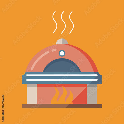 A cartoonish drawing of a hot dog in a dome shaped container. The hot dog is surrounded by steam and the container is orange