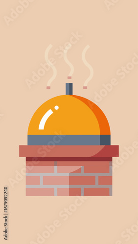 A cartoonish drawing of a hot dog in a dome shaped container. The hot dog is surrounded by steam and the container is orange