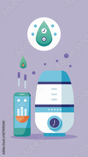 A white humidifier sits on a blue background with a tree and a cup of water. Concept of relaxation and comfort, as the humidifier is often used to create a soothing atmosphere in a room