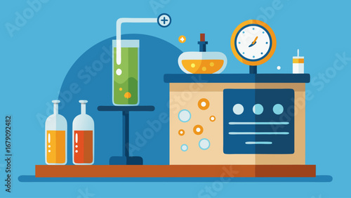 A blue background with a lab table with a clock and a bottle of green liquid. The clock is showing the time as 10:00