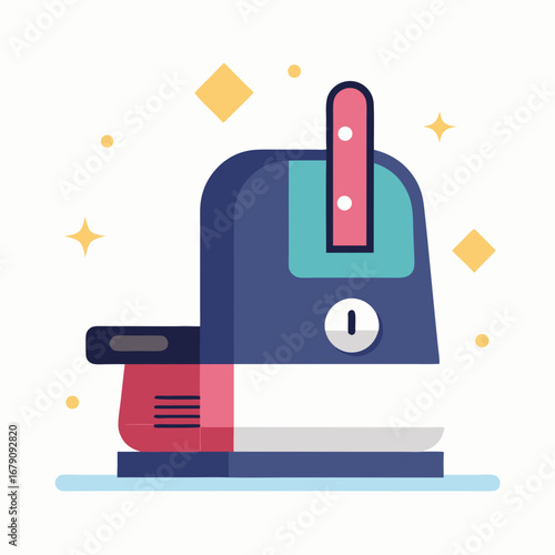 A blue and white appliance with a red button on the front. The appliance is a coffee maker