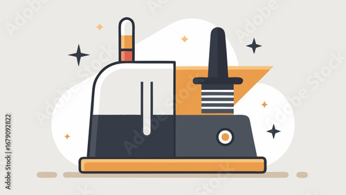 A blue and white appliance with a red button on the front. The appliance is a coffee maker